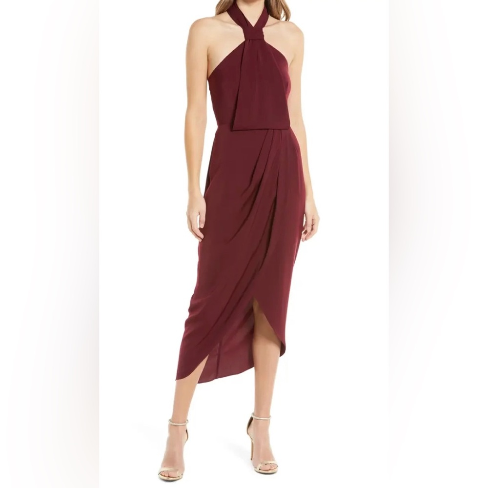 Shona Joy Core Knot Draped Midi Dress Ruby Red, size 6
